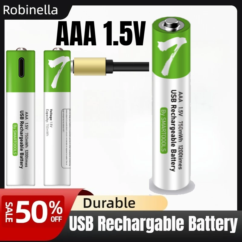 1.5V AAA 750mWh Li-ion Battery with USB Cable for Remote Controls, Wireless Mouse, and Electronics Rechargeable Battery
