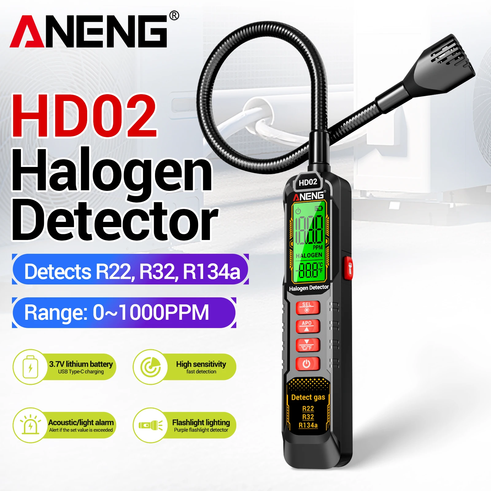 

Детектор галогенов ANENG HD02: Высокочувствительный течеискатель для хладагентов R22/R32/R134a, тестер для поиска утечек в кондиционерах