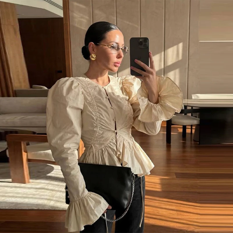 Minimalist Ruffles Splice Pleat Shirts Women Chic Single Breasted Puff Sleeve Slim Fit Blouse Female Date Club Party Street Wear