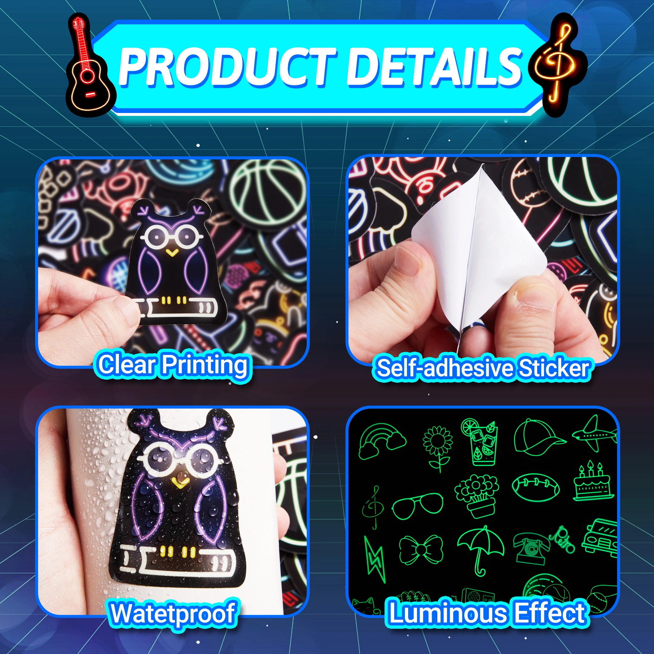 ملصقات زجاجة مياه نيون متوهجة في الظلام للأطفال، 51 قطعة من ملصقات الكمبيوتر المحمول اللطيفة المقاومة للماء من الفينيل، للبالغين والأطفال والمراهقين