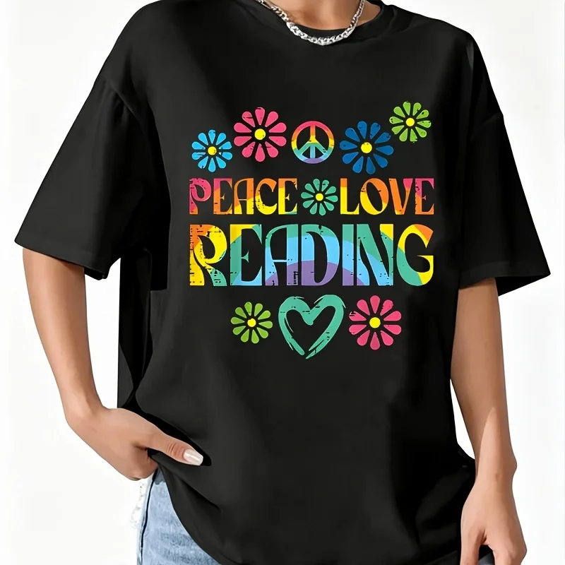 Love Reading, Tie Dye, Bright Flowers for Book Lovers, Librarians, Perfect for Book Lovers Women's 100% Cotton T-Shirt Fun Print Short Sleeve Top Casual Round Neck Tee S-5Xl