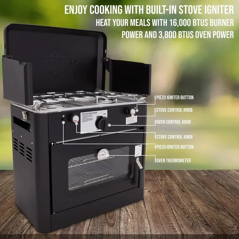 Outdoor Gas Camping Oven w/Carry Bag | CSA Approved Portable Propane-Powered 2-Burner Stove & Auto Ignition, Overheat Safety