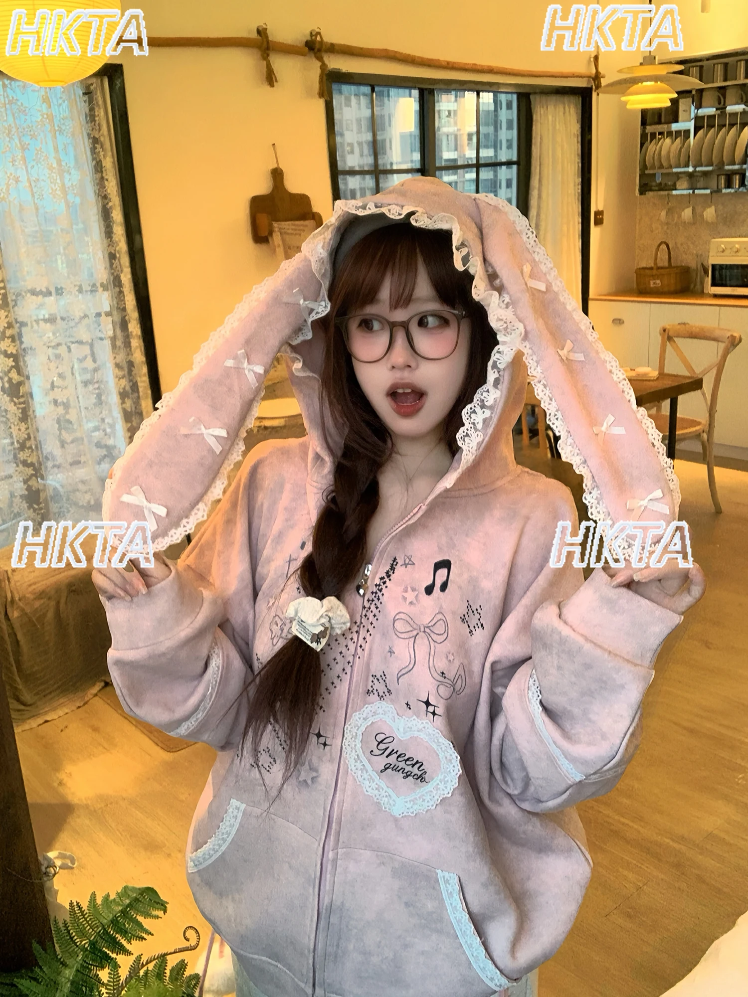 

Japanese Sweet Cool Tie Dye Cute Cartoon Hooded Sweatshirts Coats Top Women Autumn Lace Splicing Bow Loose Sweatshirt Jackets