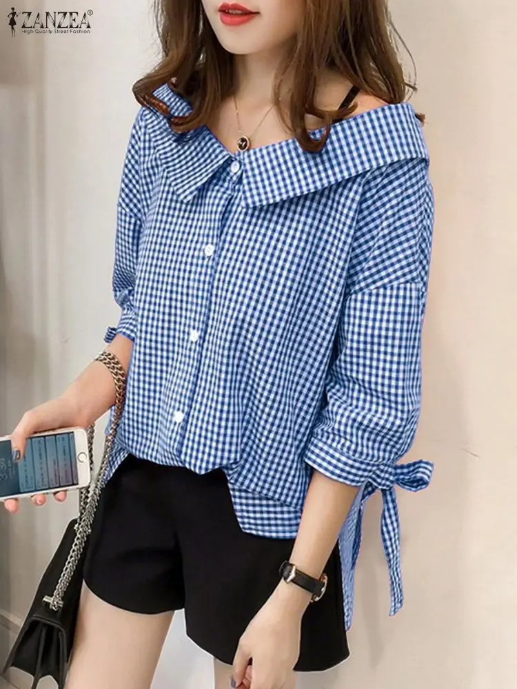 ZANZEA Camicia a quadri scozzese autunnale Camicetta da donna Trend 2025 Elegante manica a 3/4 Camicette da lavoro per ufficio Bottoni casual Top Bow Blusas