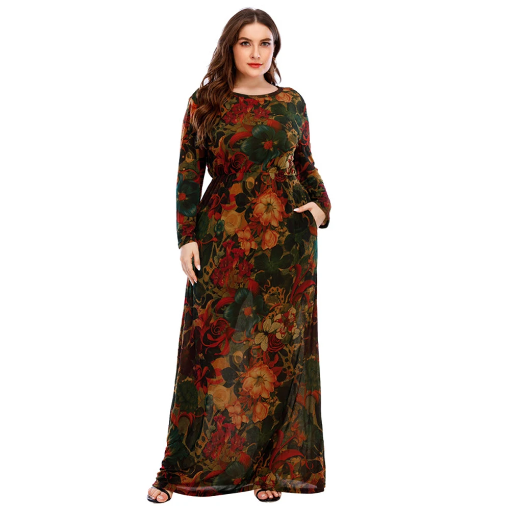 XL-6XL Curvy Ladies Dresses 2024 With Long Sleeve Elegant Dress For Chubby Plus Size Clothing Mother Gift 40 50 60 Years Old