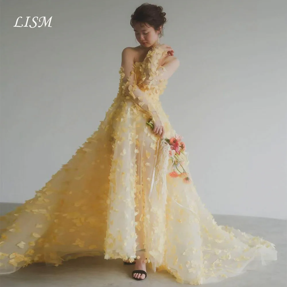 Lism Modern 3D Floral Wedding Dress Remove Sleeves Long Train Ball Gown Photo shoot Bridal Dress Customized ウェディングドレス 웨딩드레스