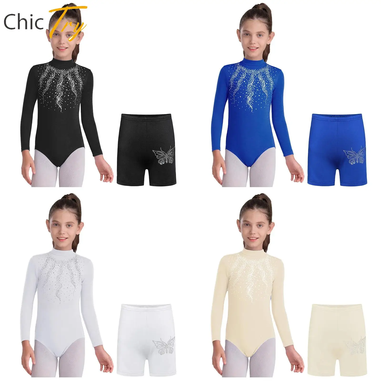 

Костюм для выступлений по балету и фигурному катанию для девочек-подростков, танцевальный наряд с длинными рукавами, украшенный стразами, на тонкой флисовой подкладке, комплект из леотарда и шорт