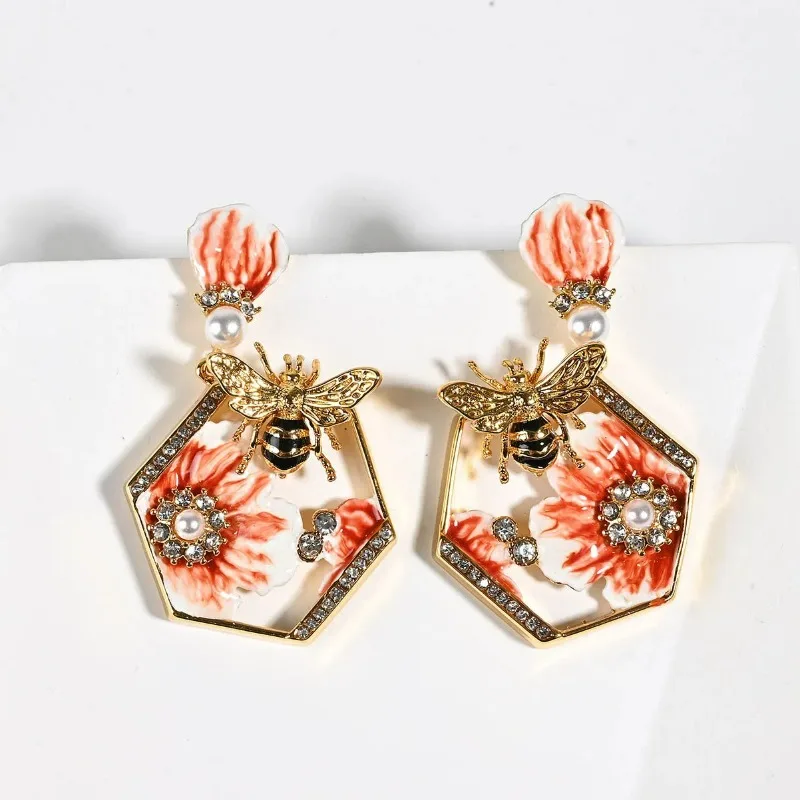 

18K Gold-plated Hand-painted Enamel Pink Petal, Sparkling Rhinestone Paved, Cute Bee Dangle Charms Little Bee Earrings for Women