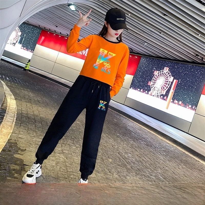 Yang Li  Square Dance Fitn Faion Ghost Step Dance Women's Sportswear Long Sve Cotton round Ne Overhead Set