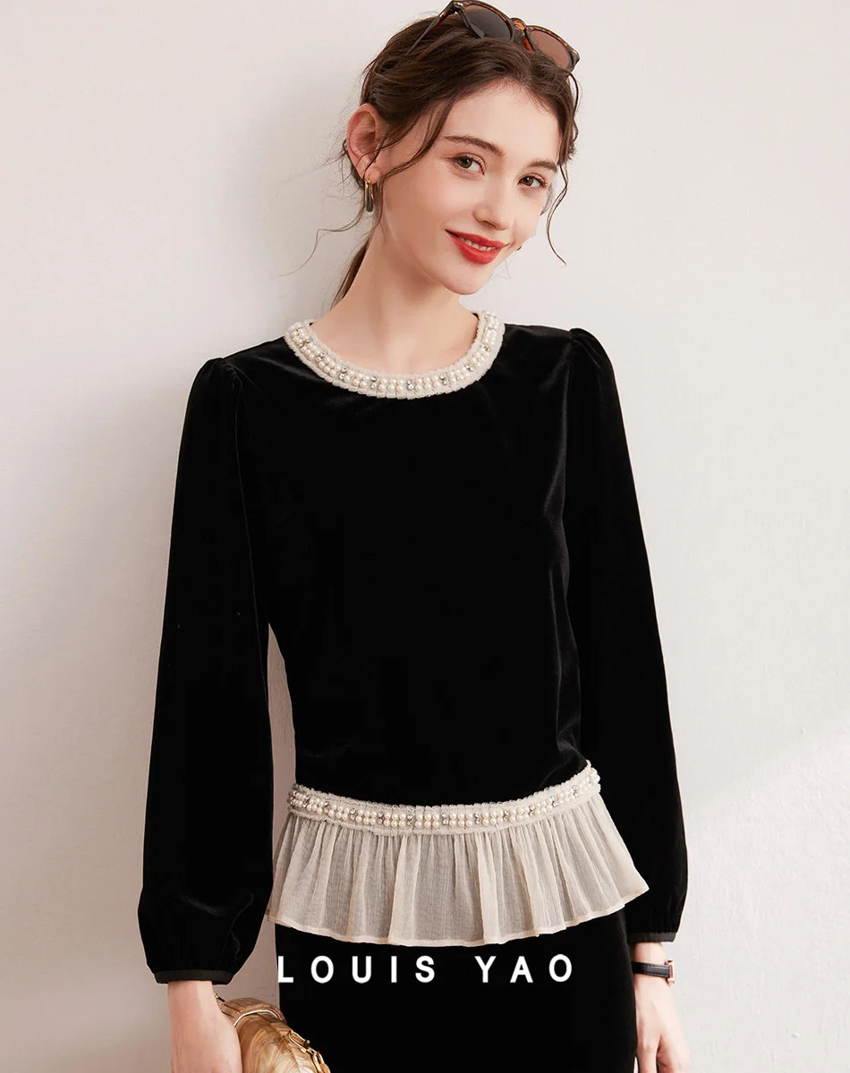 

LOUIS YAO 2024 Autumn Nail Bead Velvet Top with Fashionable Ruffle Hem and Long Sleeved Women's Shirt with Layered Design