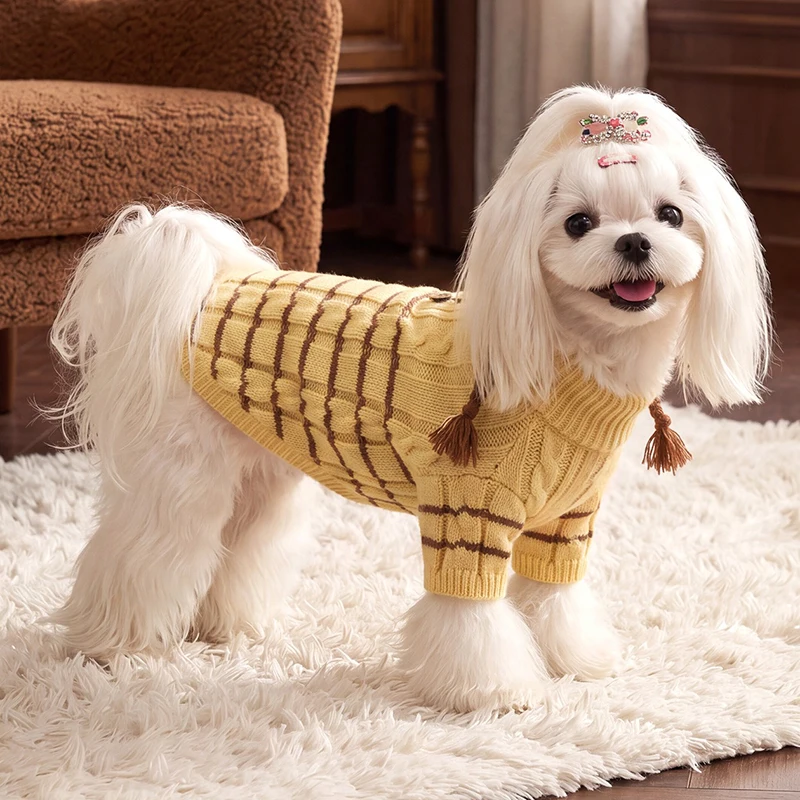 Cute Braided Pet Clothes, Cable Knit Bichon Frise Sweater, Warm Two-Leg Outfit for Small & Medium Dogs, Striped Dog Apparel