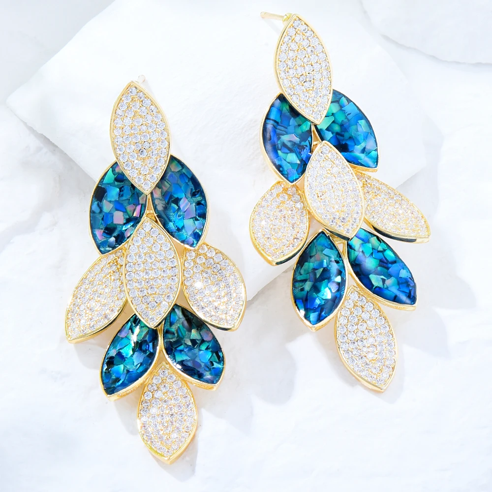 GODKI Famous Brand Feather Shell Dangle Earrings Trendy Cubic Zircon Wedding Engagement Party Dubai Gold Earrings for women 2022