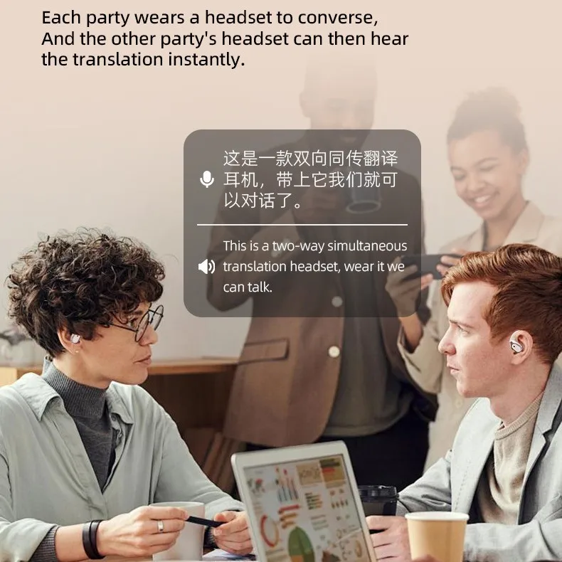 AI مترجم سماعات الأذن 142 لغة إلغاء الضوضاء سماعة رأس بخاصية البلوتوث لغة مترجم الذكية ترجمة صوتية سماعات