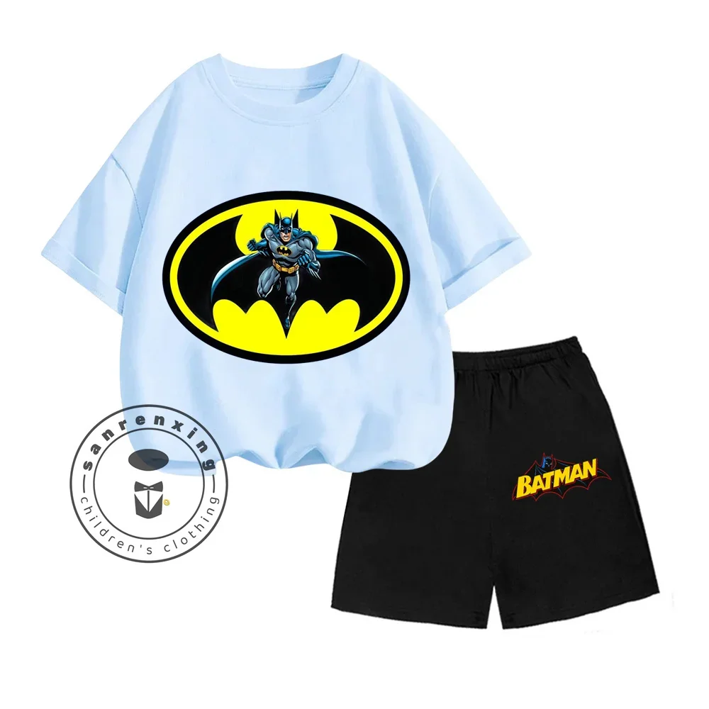 New Batman Anime Series Cartoon Character Print Design O-neck Exquisite Short Sleeves and Shorts Summer Children Two-piece Set