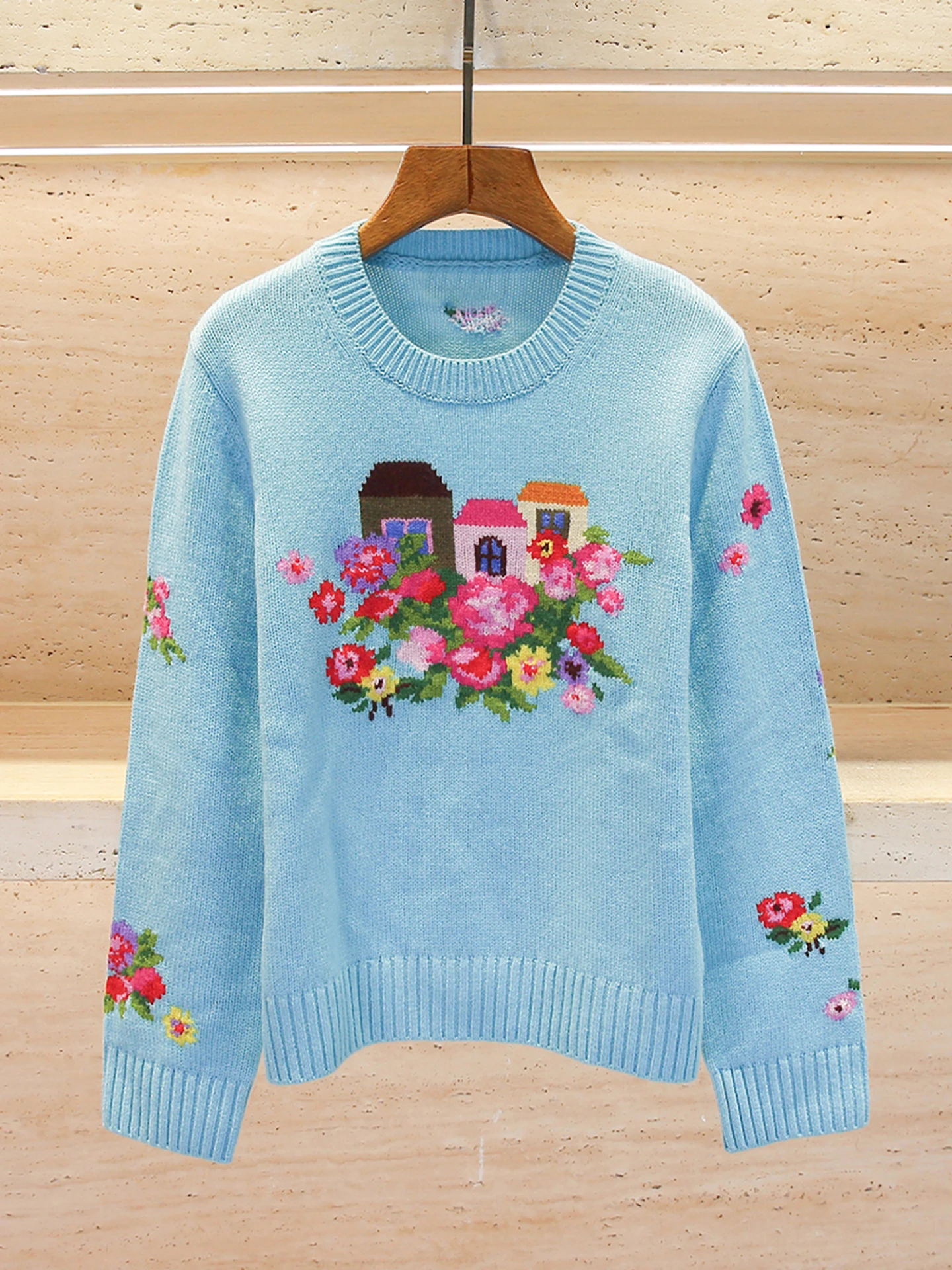 

Spring 2026 Fre Floral Knitted Sweater Premium Women's Faion South Oil Embroidered Top Medium Softn Long Sve round ...