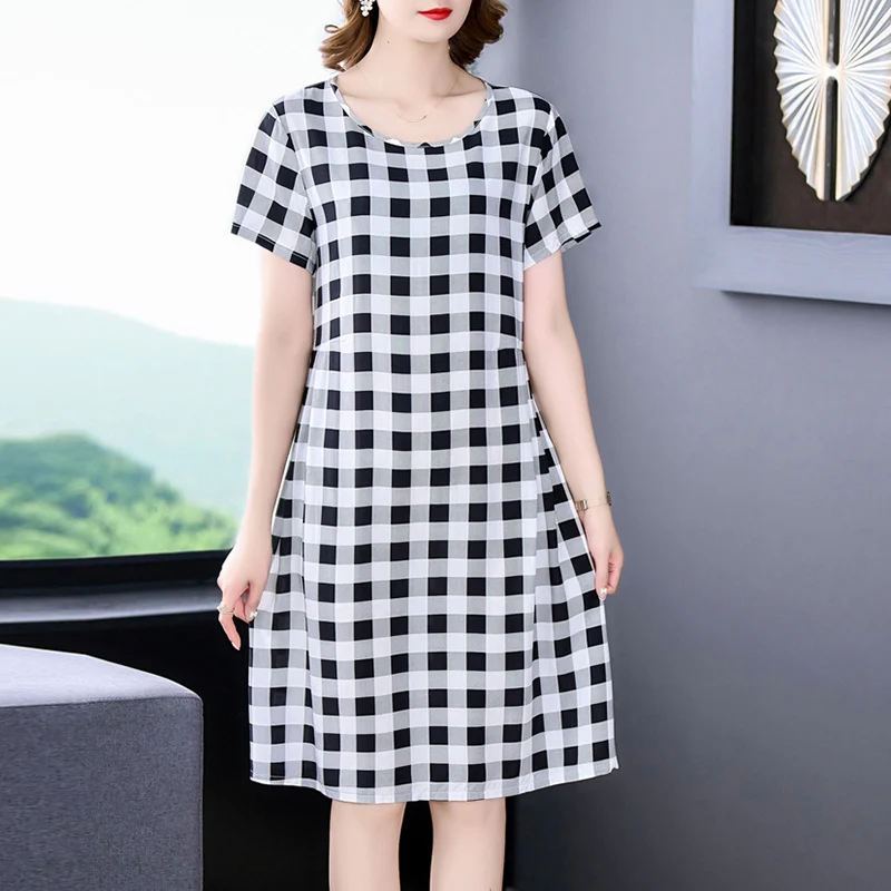 

Fashion O-Neck Printing Pockets Folds Plaid Short Sleeve Dress Women's Clothing 2024 Summer New Loose Office Lady Floral Dress