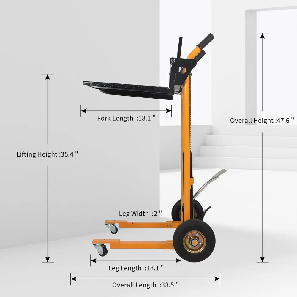 مكدس ونش من المواد الهيدروليكية، شاحنة مقبس البليت دوللي، سعة 440 رطلاً، ارتفاع الرفع 35.4 بوصة، طول الشوكة 18.1 بوصة