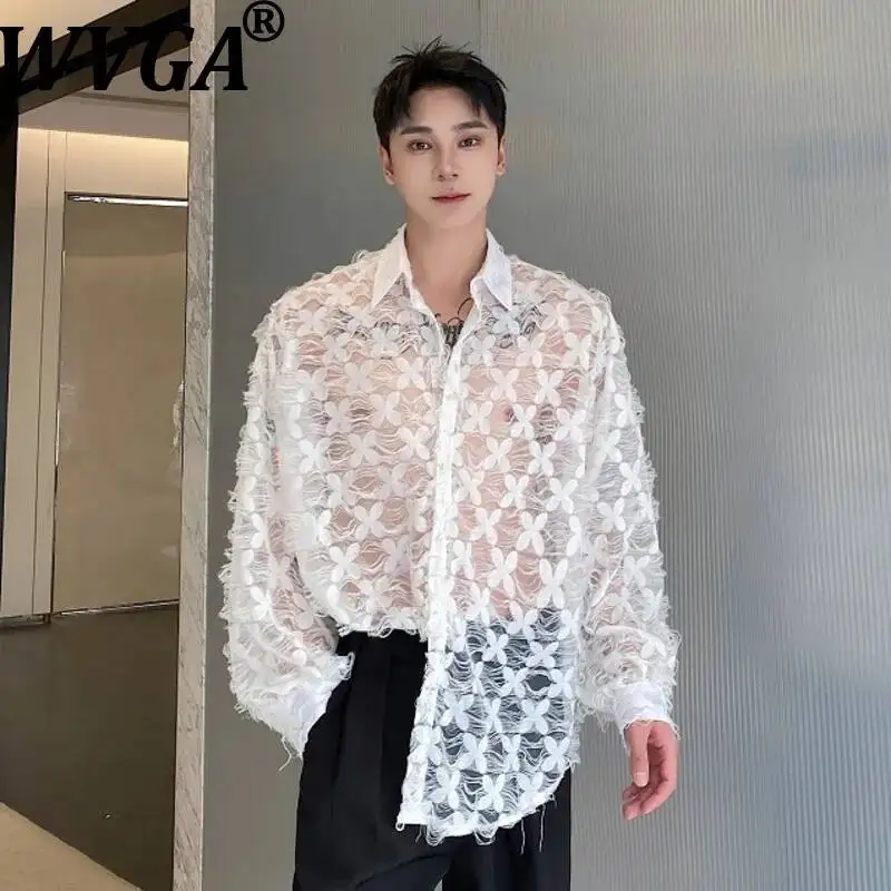 

WVGA Spring Summer New Man Square-Neck Hollow Out Trendy Long Sleeve Shirt Niche Chic Casual Unique Petal Design Tops Ins W22918