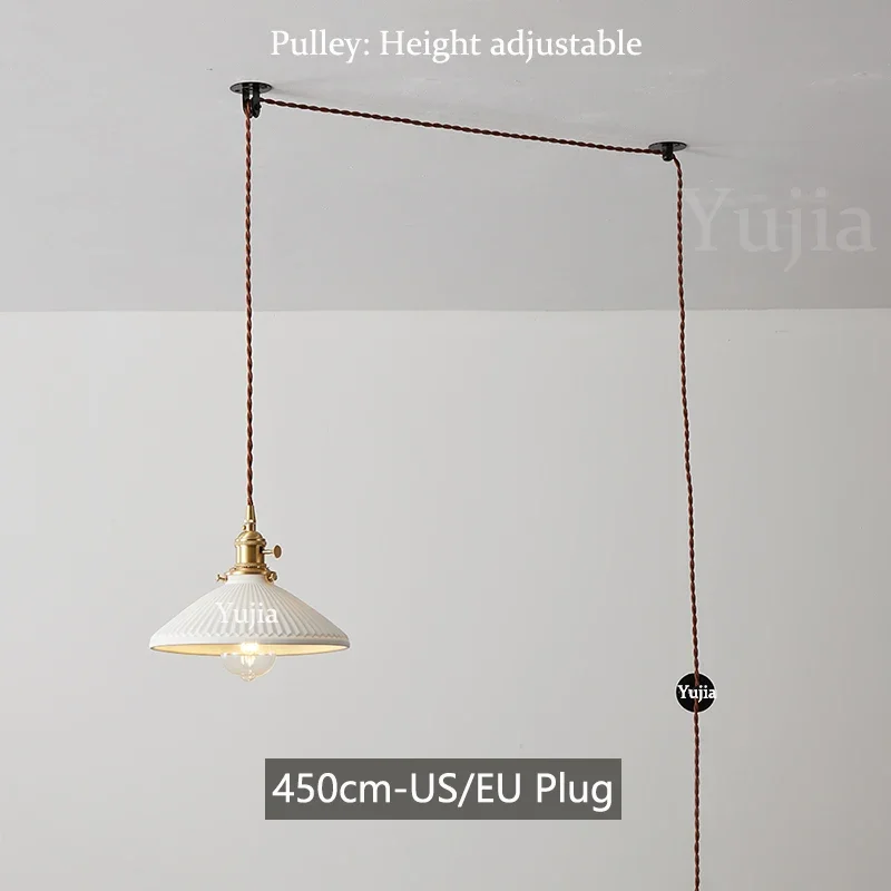 Hanging Lamp Plug in Adjustable Light Cord Plug in Overhead Light 8.6 Inch Ceramic Lampshade Hardwired Light Fixture Kitchen