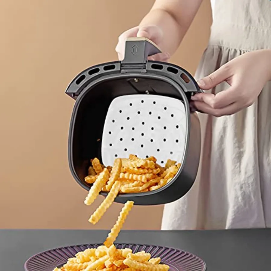 100 Pcs Air Fryer Liners Disposable Parchment Paper, 8 Inch Perforated Airfryer Sheets for Baking, Square Non-Stick Steamer Lin