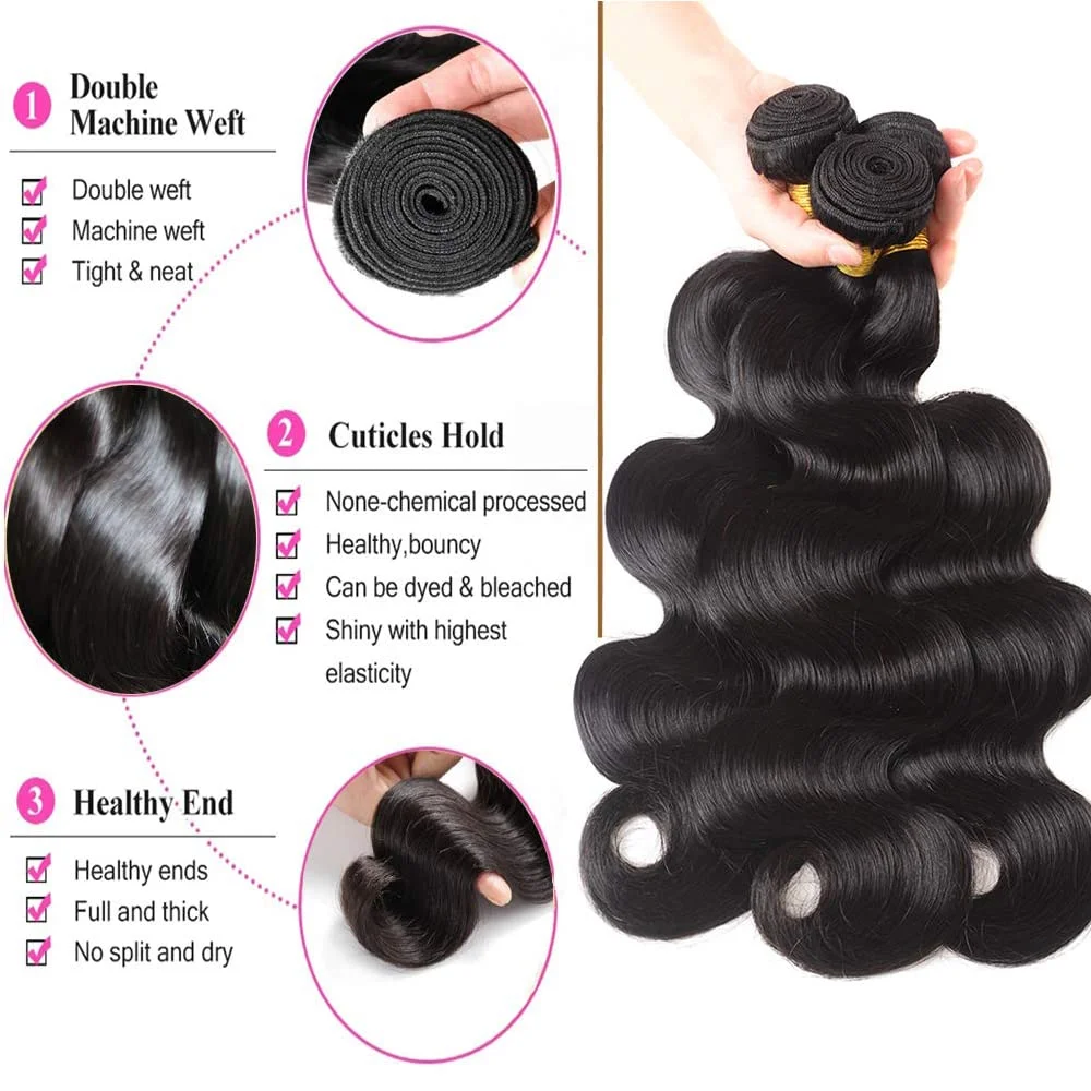 Body Wave Bundles Human Hair 16 18 20 22 Inch Brazilian Body Wave Human Hair Bundles Deal Natural Black Remy Human Hair Extensions Unprocessed Wavy Hair for Women