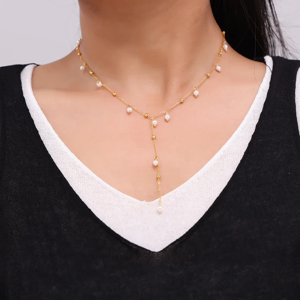 Collares elegantes de perlas de imitación para mujer, Gargantilla de acero inoxidable chapada en oro, cadena larga y delgada, joyería impermeable