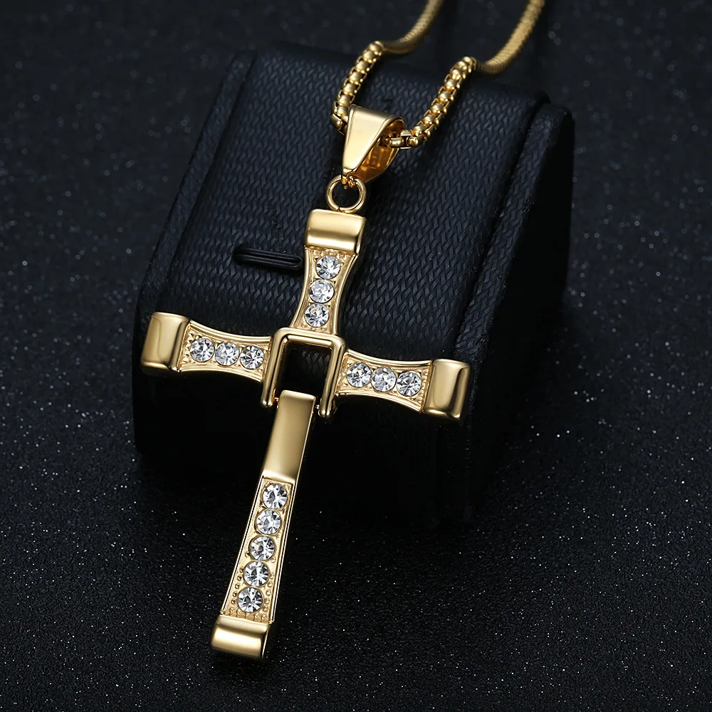18K Gold Plated Cross Pendant Necklace Zircon Stainless Steel Religious Jewelry for Men Gift Christians ​Fast & Furious​