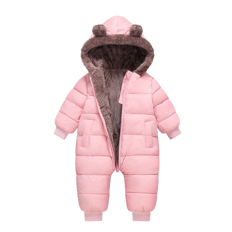 Boys Girls Fleece Lined Rompers Winter Newborn Thick Plus Velvet Warm Bodysuits Baby Clothes Kids Padded Hooded Coats 0-3 Years