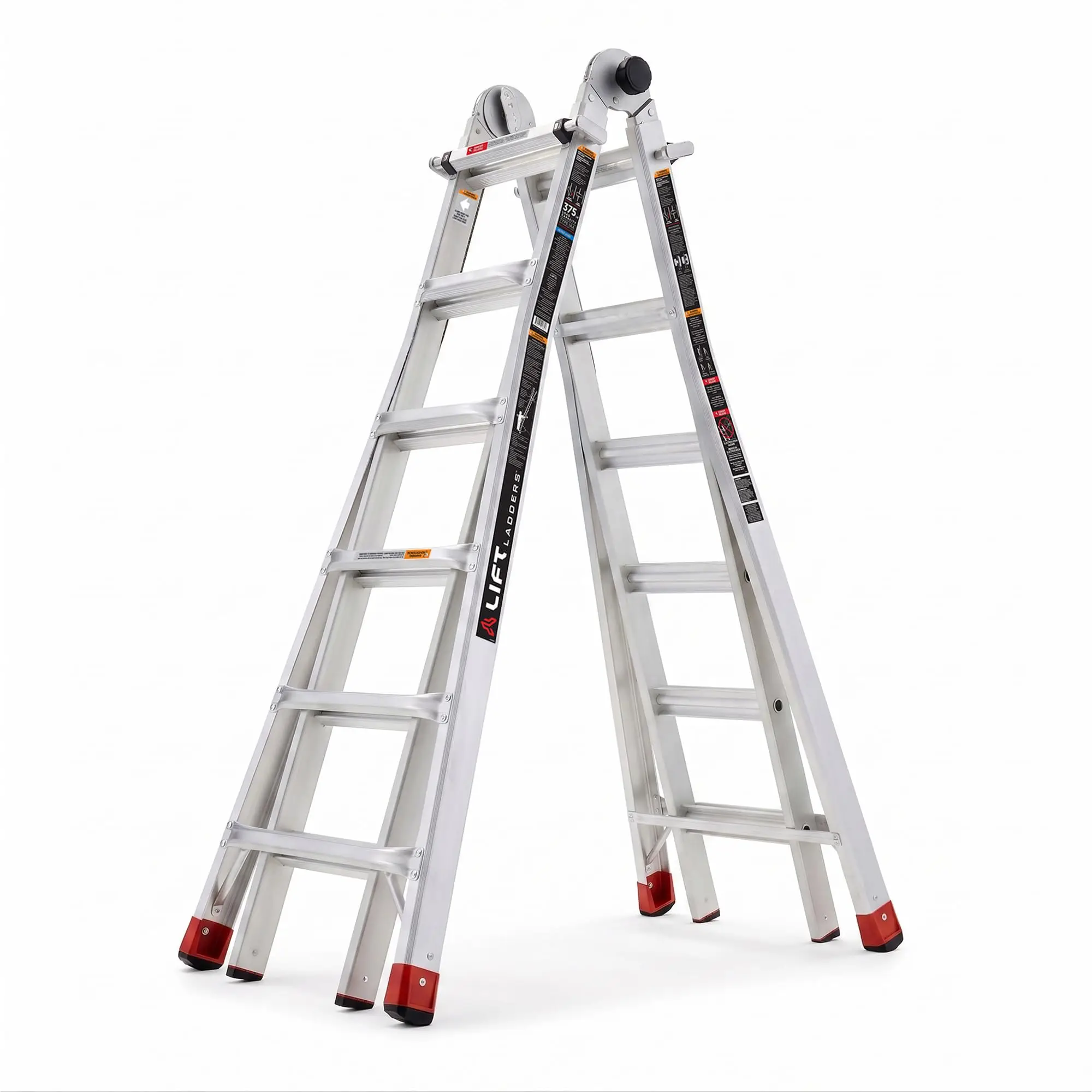 Multi-Position Aluminum Ladder, 375 lb, Silver, 26 Ft Reach | 5-in-1 Design: Stepladder, Extension, Stairway, 90-Degree