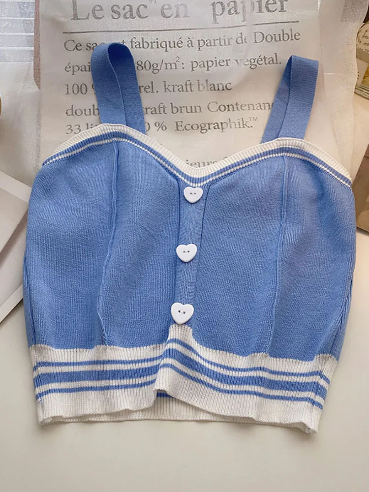 ITOOLIN - Top Corto Azul de Punto con Botones para Mujer, Modelo 2025, Top Bonito con Rayas, Top de Punto para Mujer, Verano