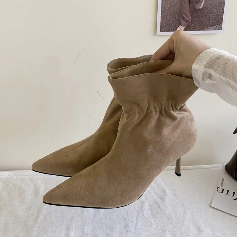 Aneikeh موضة التجاعيد حذاء من الجلد نمط الشارع رقيقة عالية الكعب امرأة مصمم شريط مرن أشار تو متجرد أحذية الحفلة الراقصة