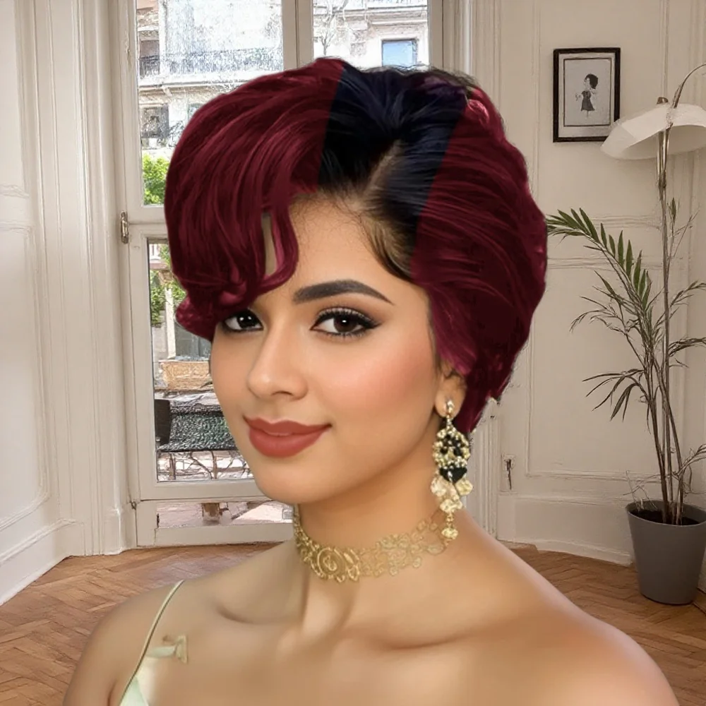 ファッションピクシーレースフロントウィッグ人毛ショートピクシーカットウィッグサイドパートウィッグ