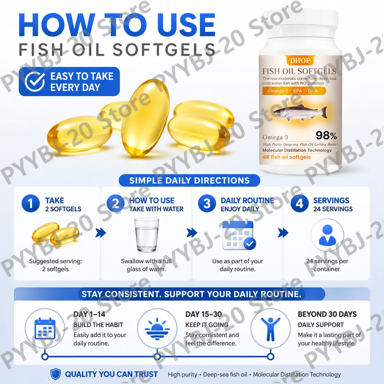 DHOP 98% High Purity Fish Oil Softgels - Omega-3 EPA DHA Supports Brain, Eye, Heart & Joint Wellness 48ct - view 6