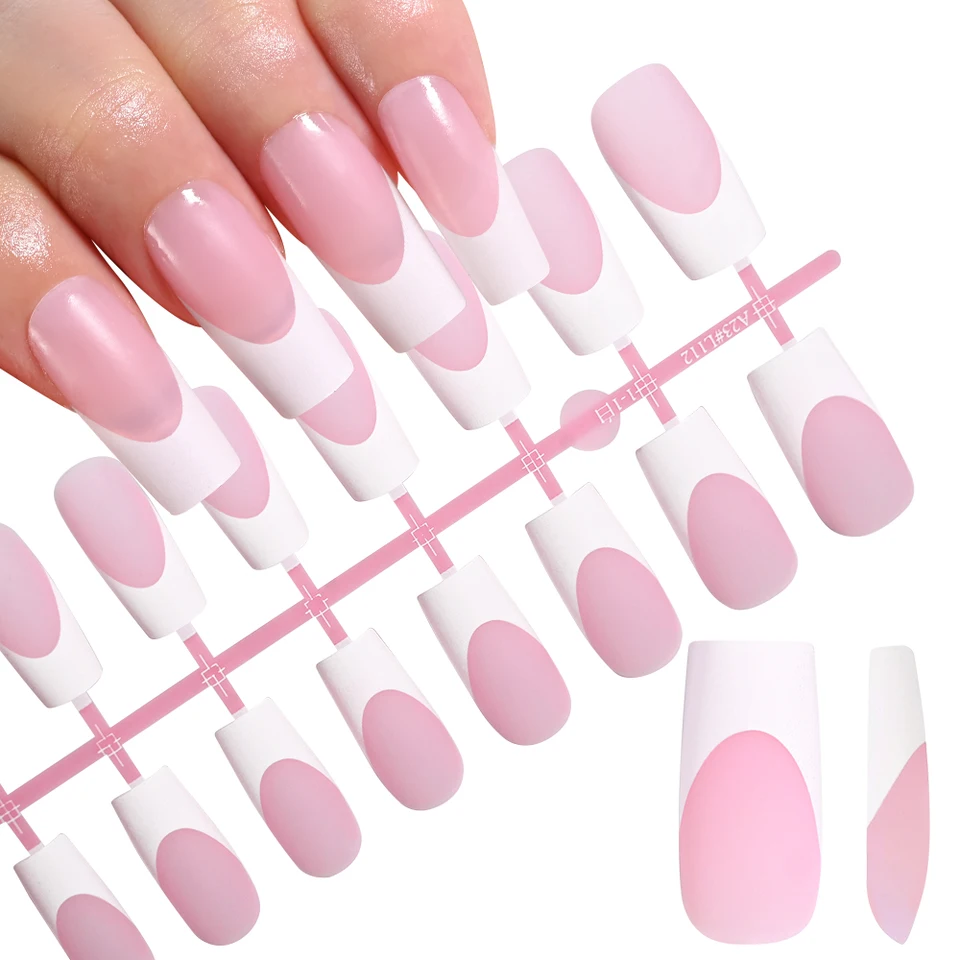 120 piezas de uñas postizas acrílicas francesas medianas y largas, cuadradas, cobertura completa, para mujer, tallas mixtas 4
