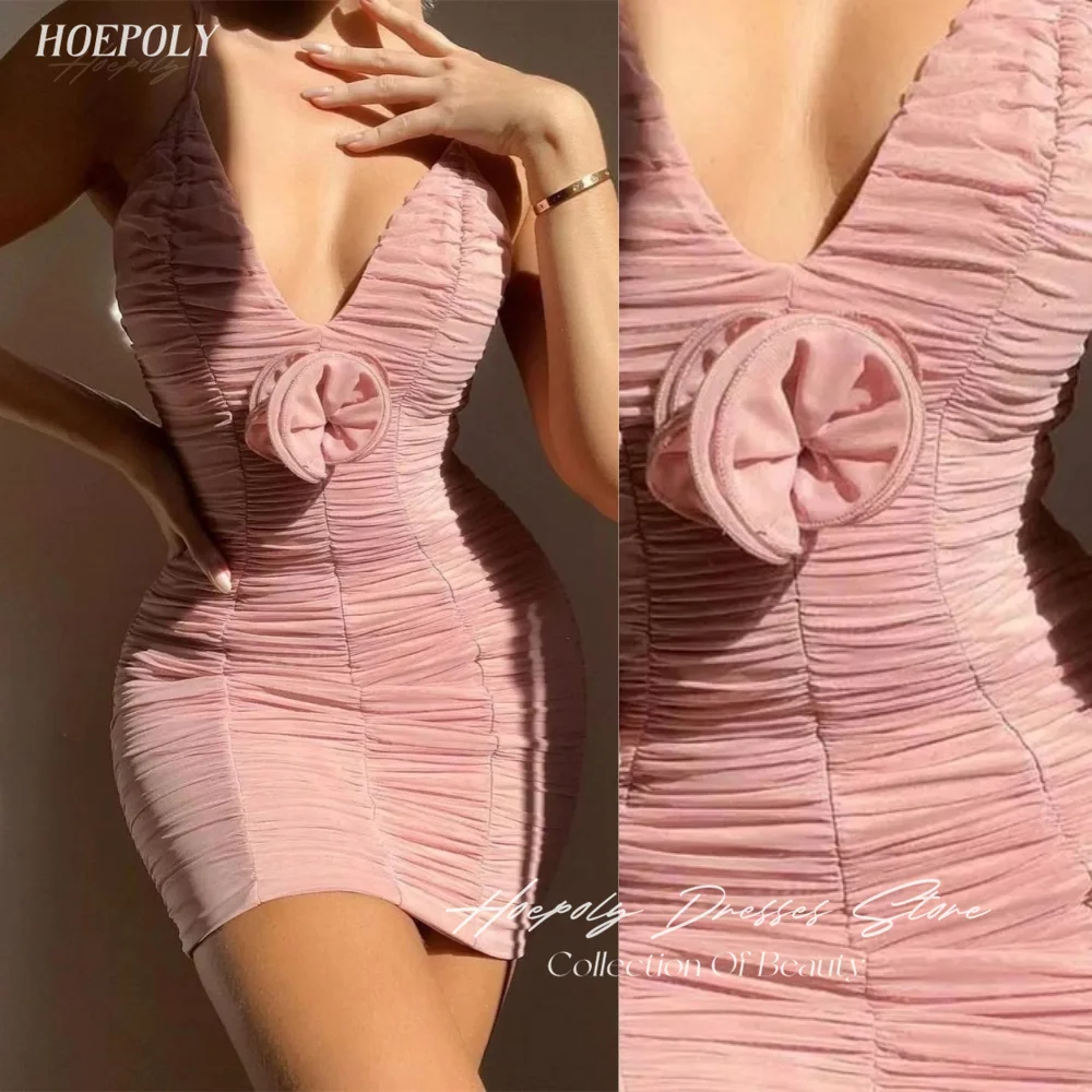 

Hoepoly V-Neck Prom Dress Mini Dress With Elegant Ruched Pleat Pink USA Euro Evening Summer Cocktail Party Dress For Women