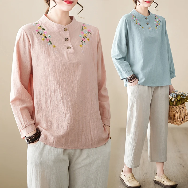 

Весенне-летний длинный комплект из хлопка и льна с вышивкой све, свободный модный универсальный базовый комплект брюк, женский модный наряд