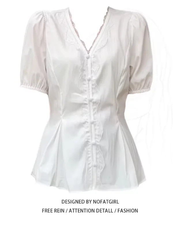 

plus Size Women's Casual Style Pure Desire Sweet Lace Splice Short Sleeve White Shirt Summer 2026 Trendy Top Button Front