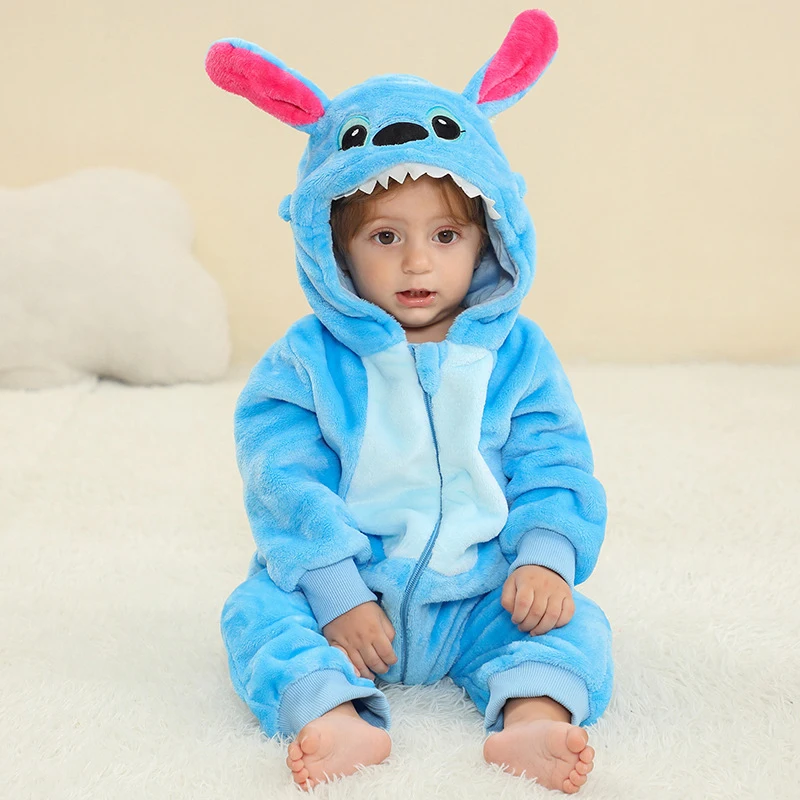 Disney Cartoon Stitch Children One-Piece Flannel Jumpsuits Crawling Suit Autumn Long Sleeve Rompers Baby Girl Outfit Set