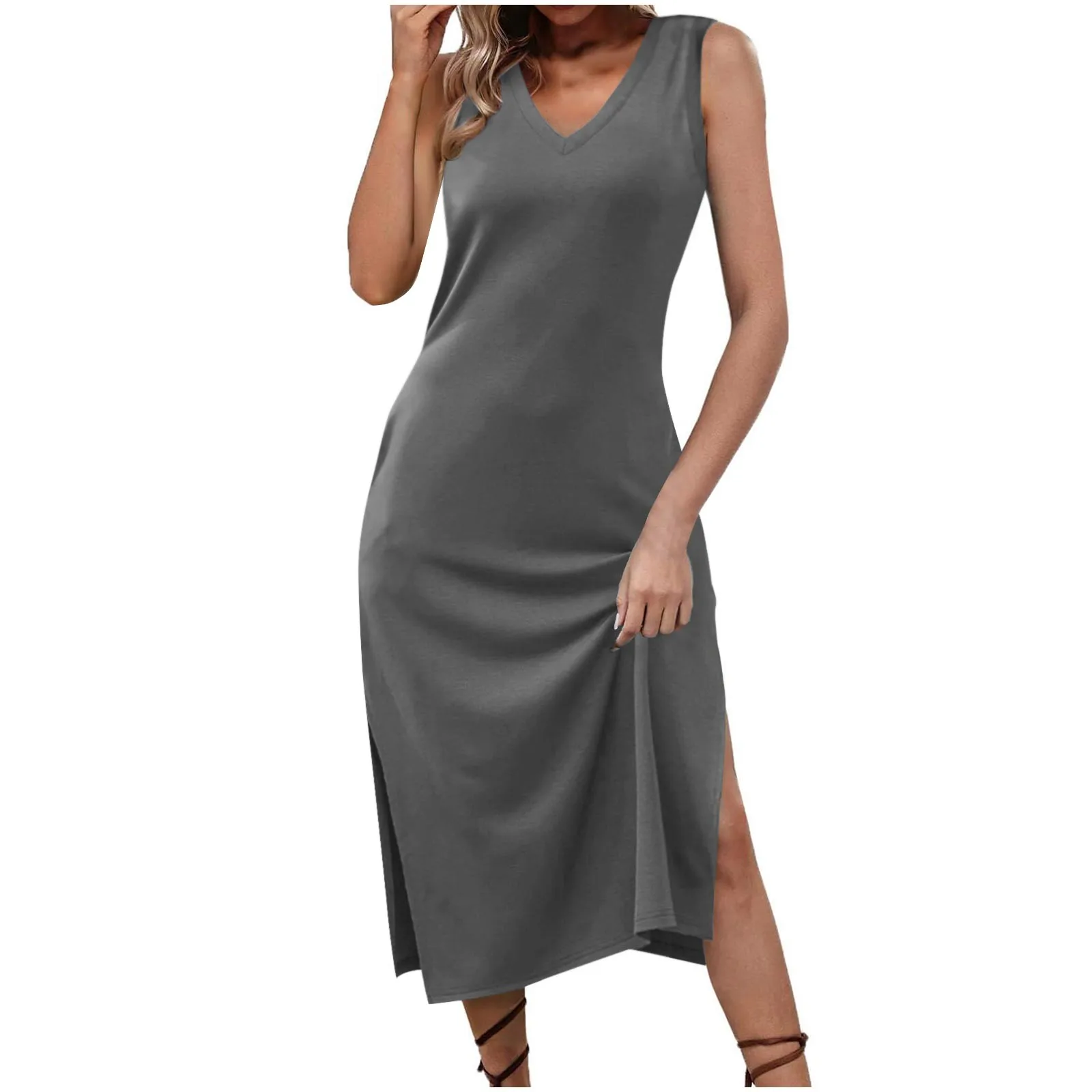 Summer New Tank Dress Casual Simple Solid Color V Neck Slit Long Dress Women Fashion Loose Comfy Elegant Maxi Vest Dress