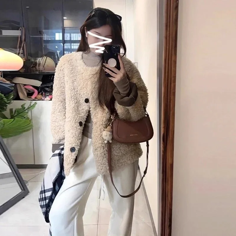 Корейская женская повседневная шуба с круглым вырезом, женская модная куртка из искусственного меха высокого класса, осенне-зимняя женская плюшевая верхняя одежда с длинными рукавами
