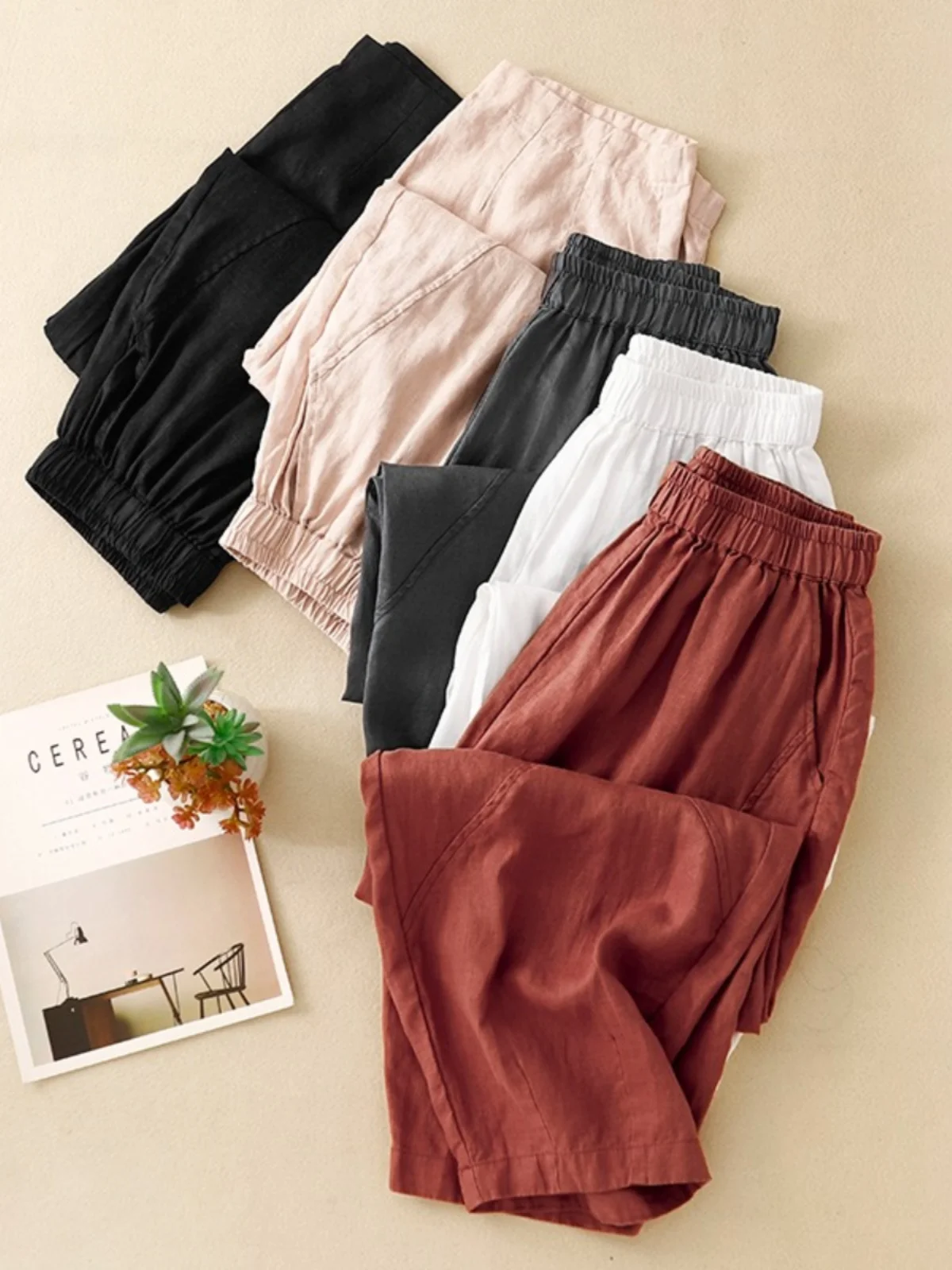 Cotton Linen Loose Elastic Waist Summer Thin Casual Pants Women High Waist Slimming Drapey Versatile Harlan Dad Pants
