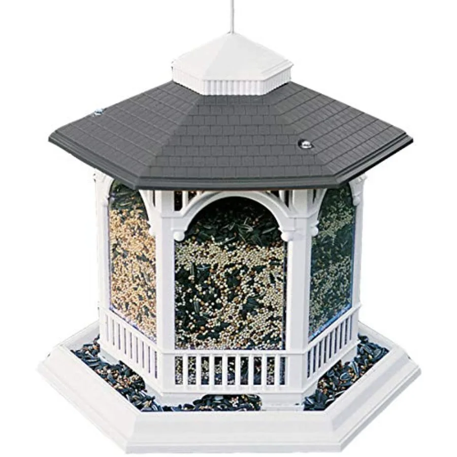 

Outdoor hexagon bird feeder with clear reservoir 5-quart capacity six feeding stations weather-resistant plastic classic bronze