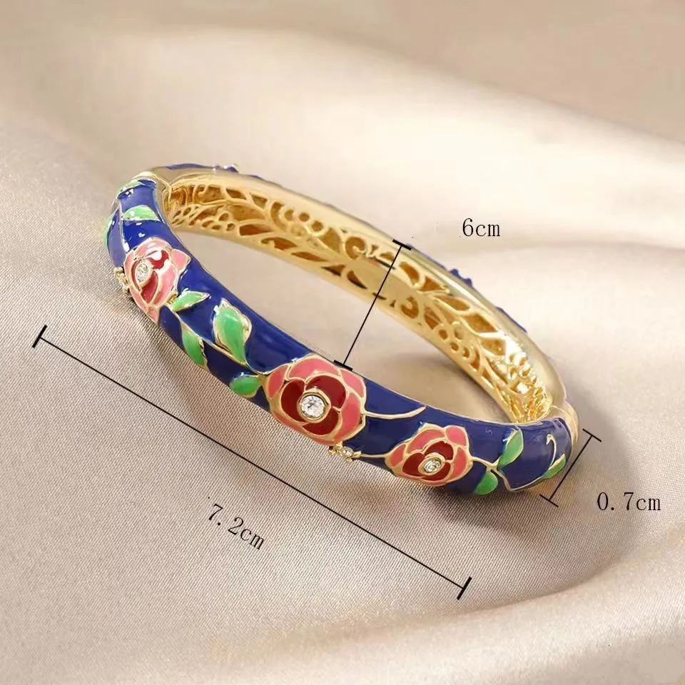 

Handmade Rose Flower Bracelets For Women Gifts, Chinese Cloisonne Enamel Ethnic Spring Hinged Cuff Bangles