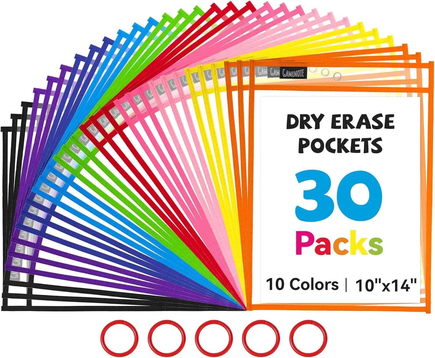 

30 Pack Dry Erase Pockets with 5 Rings, 10x14 Oversized Reusable Plastic Sleeves for Classroom Organization and Home Use