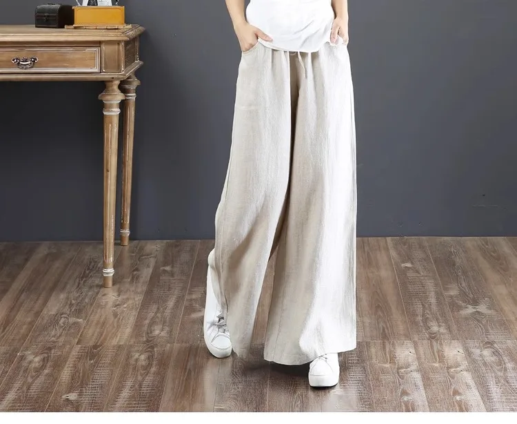 High Waist Loose Wide Leg Pants Women's Cotton Linen Pure Linen Trousers Autumn Casual Pants Korean Style with Pockets