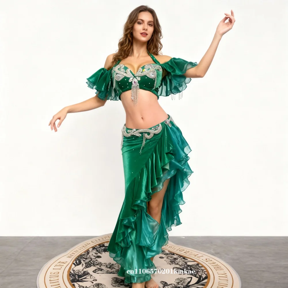 Bauchtanz-Performance-Kostüm, hochwertiges, luxuriöses Strass-Set aus grünem Quasten-Samt, orientalisches Tanz-Wettbewerbs-Outfit für Damen