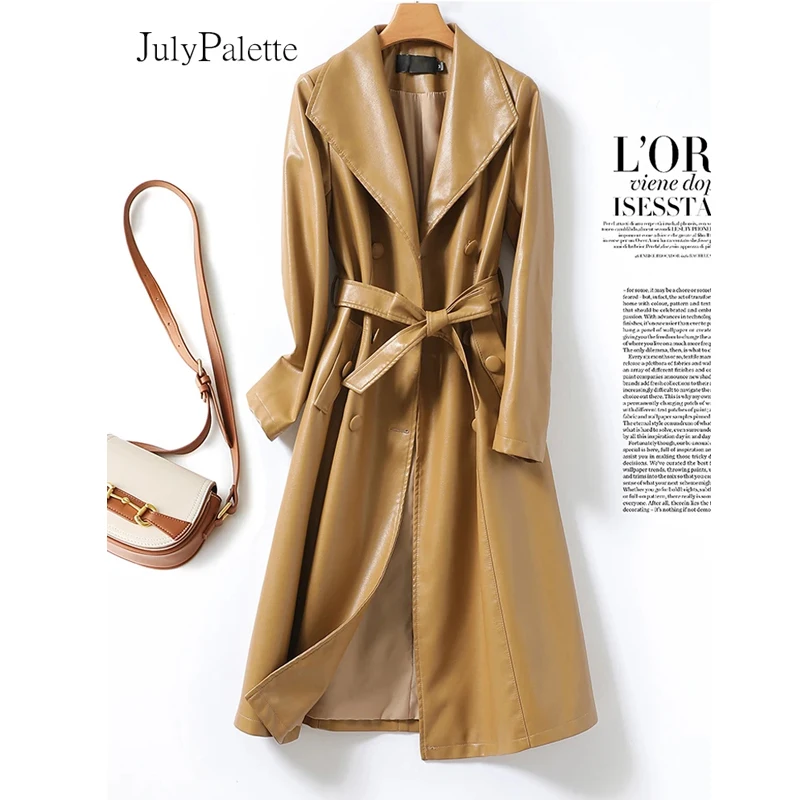 Julypalette-Vêtements en cuir fendu pour femmes, 100% peau de mouton, vêtements d\'extérieur mi-longs pour femmes, double boutonnage, vêtements à