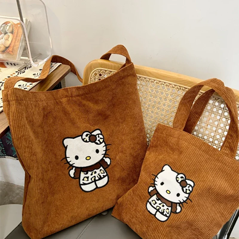 Hello Kitty Crossbody Bag for Women\'s Maillard Corduroy Casual Cute Handbag Y2k Cartoon Retro Large Capacity Shoulder Bag