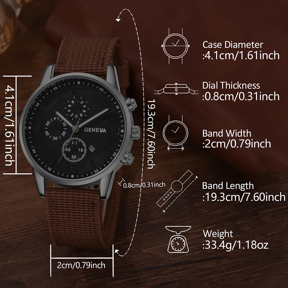 4PCS Brown Men Watch Fashionable Luxury Mechanical Element Dial Quartz Wristwatch Leather Strap Watch Jewelry Set Gift For Him