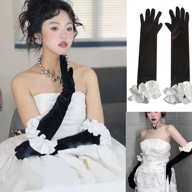 U0DC Lady Bữa tối Bữa tối Găng tay Ruffle Full Finger Găng tay tối tăm